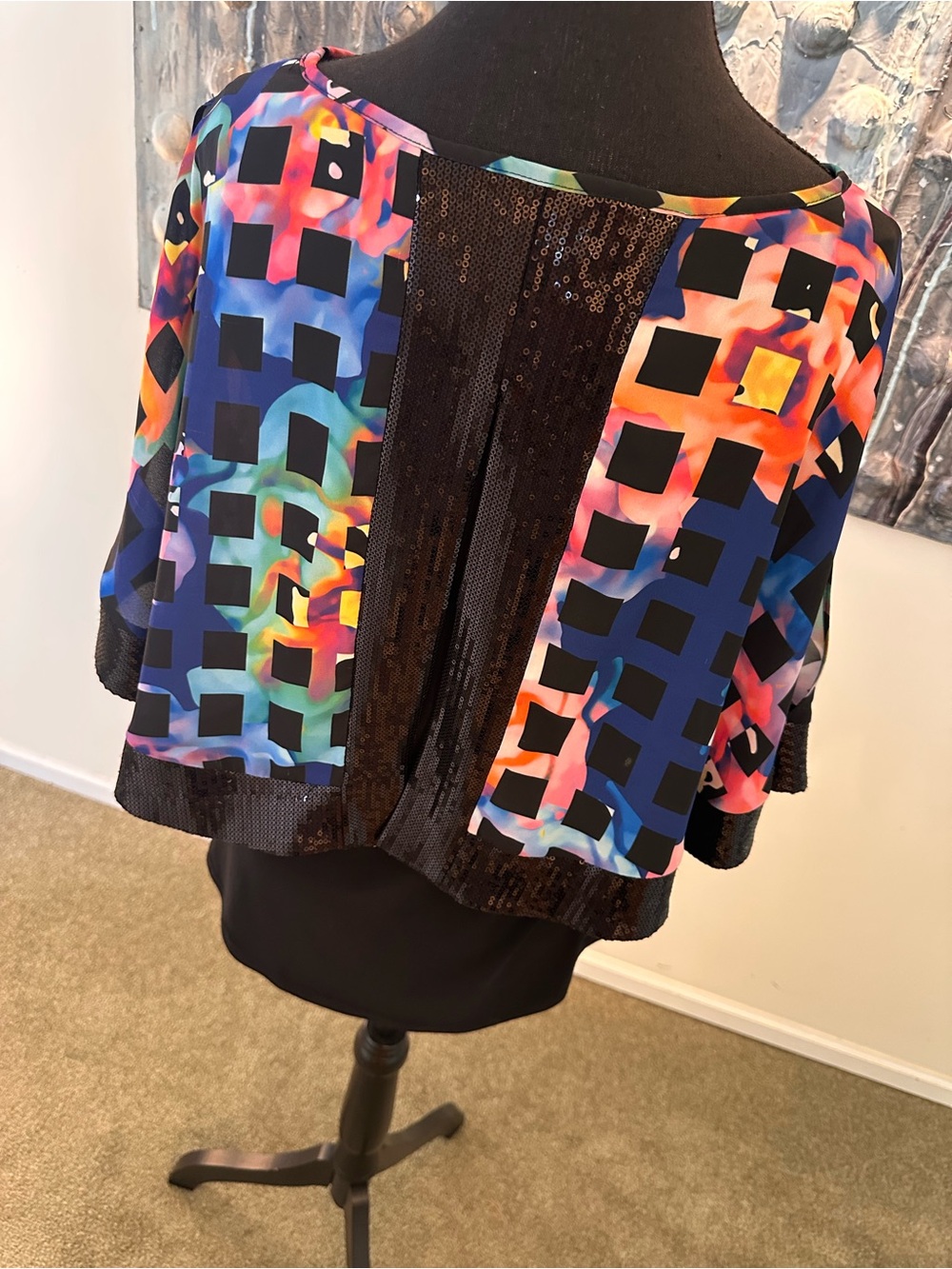 Joseph Ribkoff 12 Multicolor Geometric Overlay Cape Tunic with Sequin Hem - Picture 9 of 10